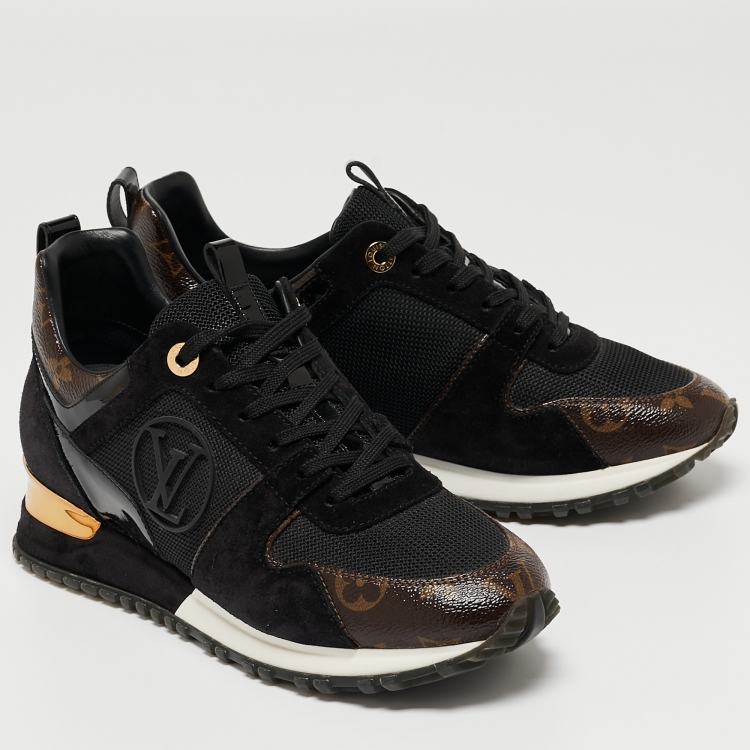 Pre Owned Louis Vuitton Black/Brown Monogram Canvas, Suede and Mesh Run Away Low Top Sneakers Size 37