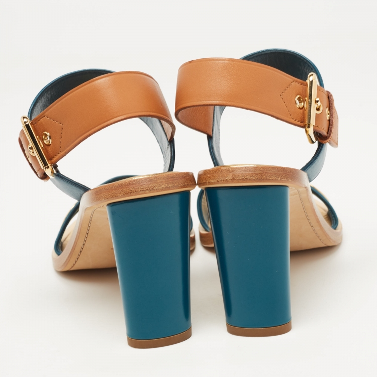 Pre Owned Louis Vuitton Teal/Brown Leather Ankle Strap Sandals Size 37