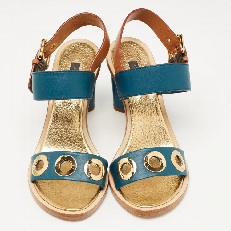 Pre Owned Louis Vuitton Teal/Brown Leather Ankle Strap Sandals Size 37