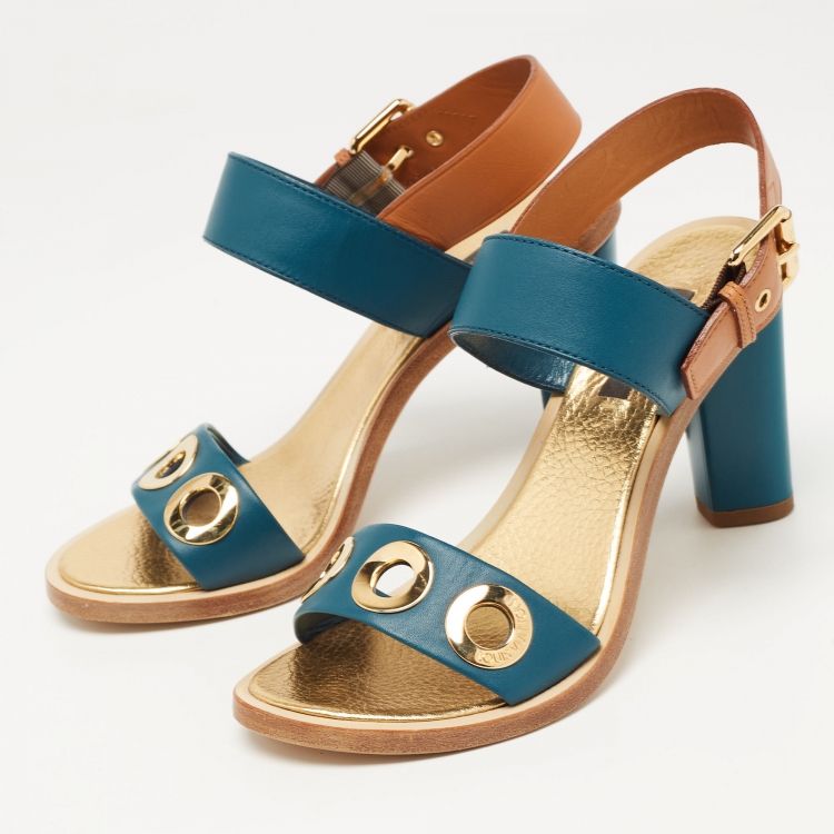 Pre Owned Louis Vuitton Teal/Brown Leather Ankle Strap Sandals Size 37
