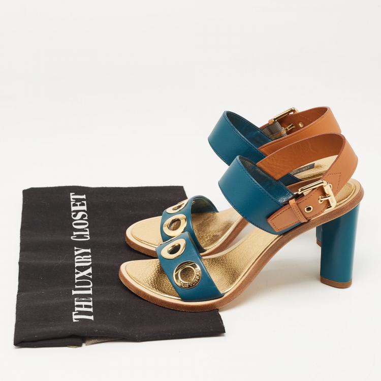 Pre Owned Louis Vuitton Teal/Brown Leather Ankle Strap Sandals Size 37