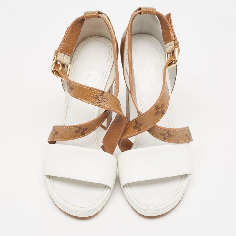 Pre Owned Louis Vuitton White/Brown Monogram Canvas and Leather Matchmake Sandals Size 38