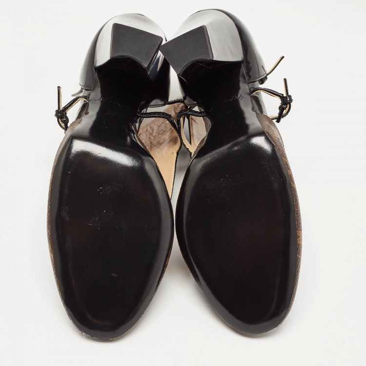 Pre Owned Louis Vuitton Brown/Black Monogram Canvas and Patent Headline Pumps Size 38