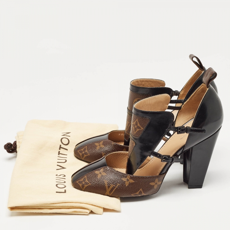 Pre Owned Louis Vuitton Brown/Black Monogram Canvas and Patent Headline Pumps Size 38