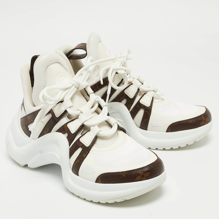 Pre Owned Louis Vuitton White/Brown Monogram Canvas and Mesh Archlight Sneakers Size 37.5