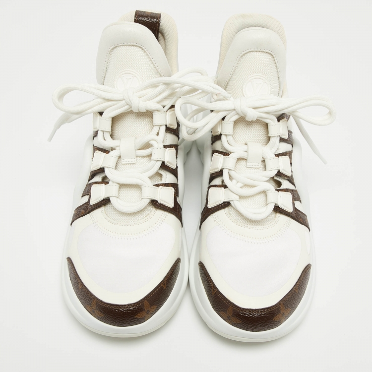 Pre Owned Louis Vuitton White/Brown Monogram Canvas and Mesh Archlight Sneakers Size 37.5