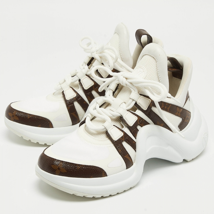Pre Owned Louis Vuitton White/Brown Monogram Canvas and Mesh Archlight Sneakers Size 37.5