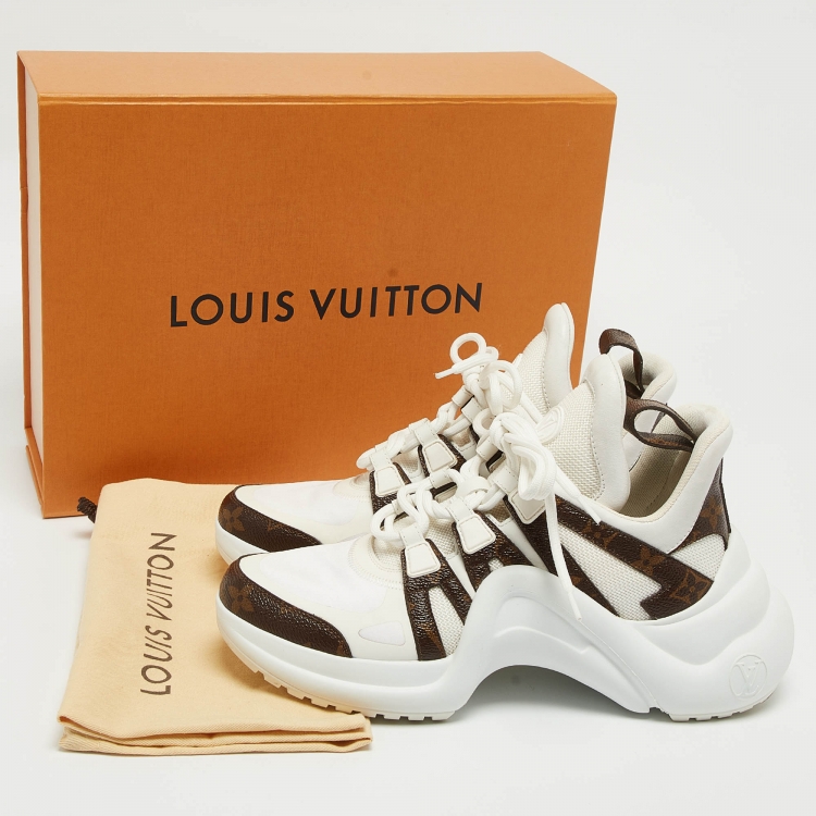 Pre Owned Louis Vuitton White/Brown Monogram Canvas and Mesh Archlight Sneakers Size 37.5