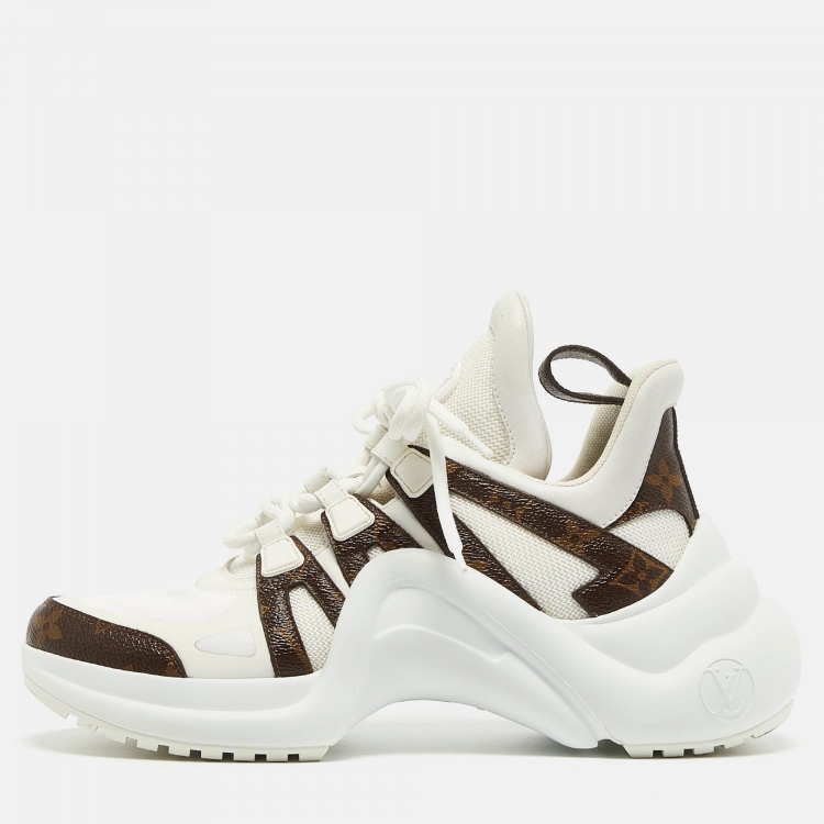 Pre Owned Louis Vuitton White/Brown Monogram Canvas and Mesh Archlight Sneakers Size 37.5