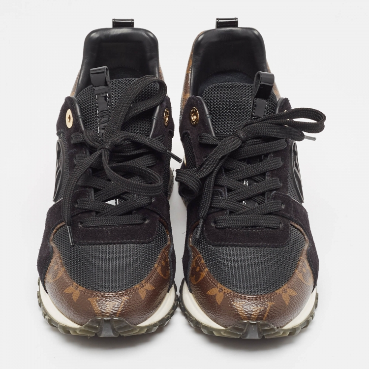 Pre Owned Louis Vuitton Black/Brown Monogram Canvas and Mesh Run Away Low Top Sneakers Size 35
