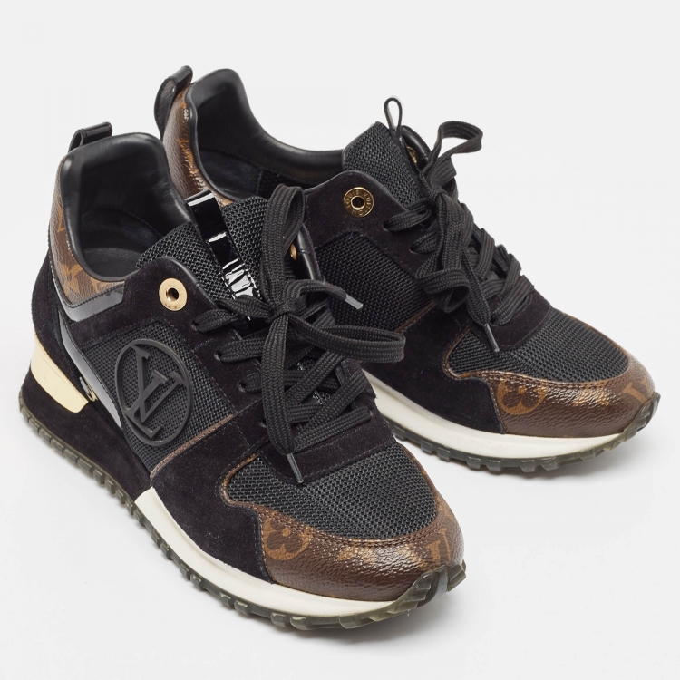 Pre Owned Louis Vuitton Black/Brown Monogram Canvas and Mesh Run Away Low Top Sneakers Size 35