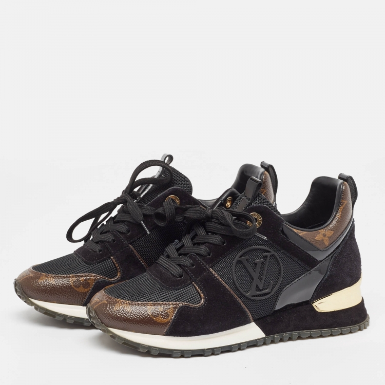 Pre Owned Louis Vuitton Black/Brown Monogram Canvas and Mesh Run Away Low Top Sneakers Size 35