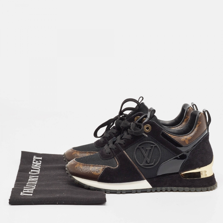Pre Owned Louis Vuitton Black/Brown Monogram Canvas and Mesh Run Away Low Top Sneakers Size 35