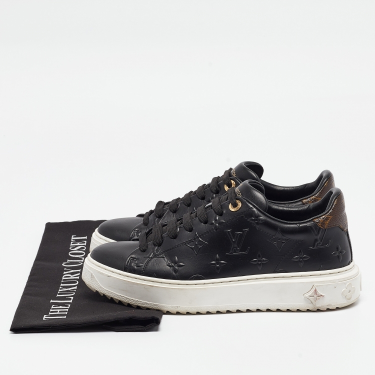 Pre Owned Louis Vuitton Black Monogram Debossed Leather Time Out Sneakers Size 38