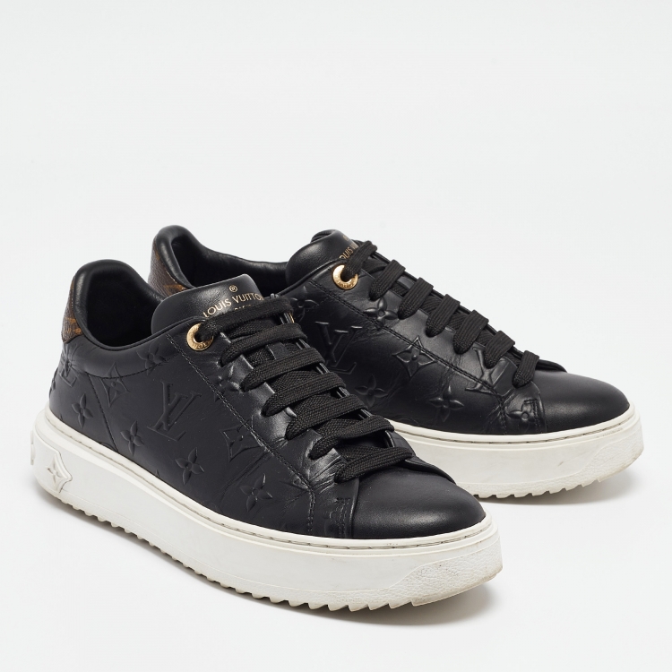 Pre Owned Louis Vuitton Black Monogram Debossed Leather Time Out Sneakers Size 38