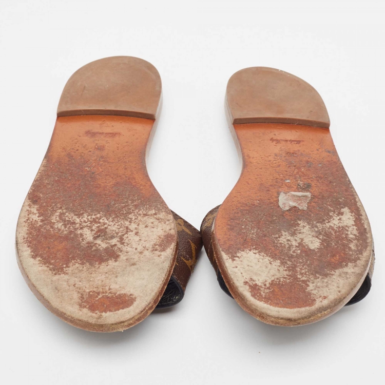 Pre Owned Louis Vuitton Brown Monogram Coated Canvas Lock It Flat Slides Size 38