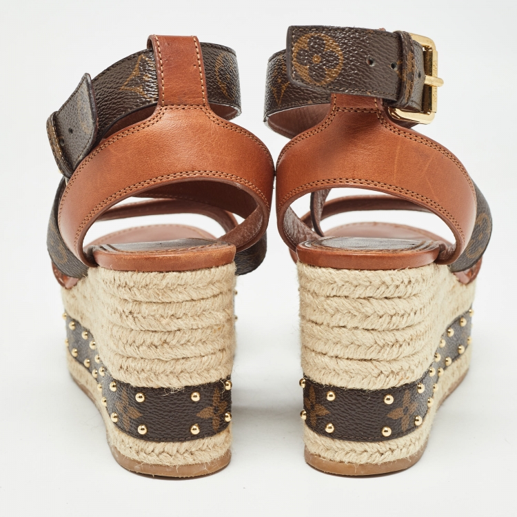 Pre Owned Louis Vuitton Brown Leather and Monogram Canvas Boundary Wedge Sandals Size 37
