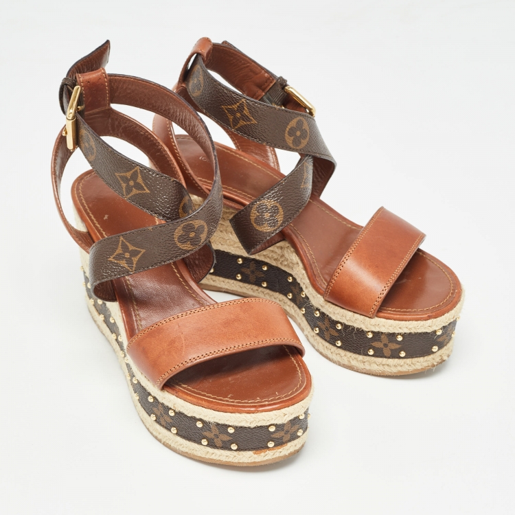 Pre Owned Louis Vuitton Brown Leather and Monogram Canvas Boundary Wedge Sandals Size 37