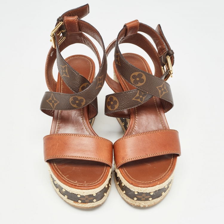 Pre Owned Louis Vuitton Brown Leather and Monogram Canvas Boundary Wedge Sandals Size 37