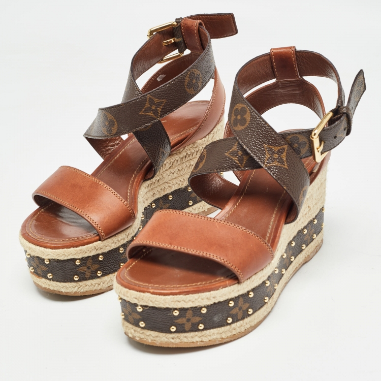 Pre Owned Louis Vuitton Brown Leather and Monogram Canvas Boundary Wedge Sandals Size 37
