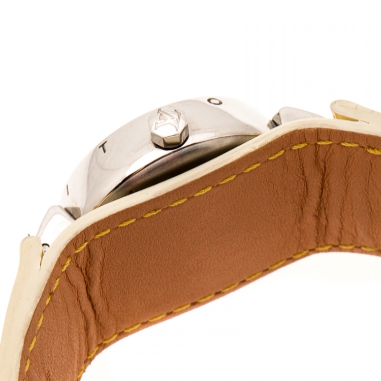 Pre Owned Louis Vuitton Mother of Pearl Stainless Steel Tambour Q121C Women's Wristwatch 28 mm
