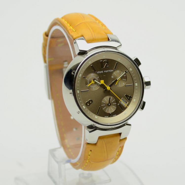 Pre Owned Louis Vuitton Yellow Tambour Chronograph Womens Wristwatch 