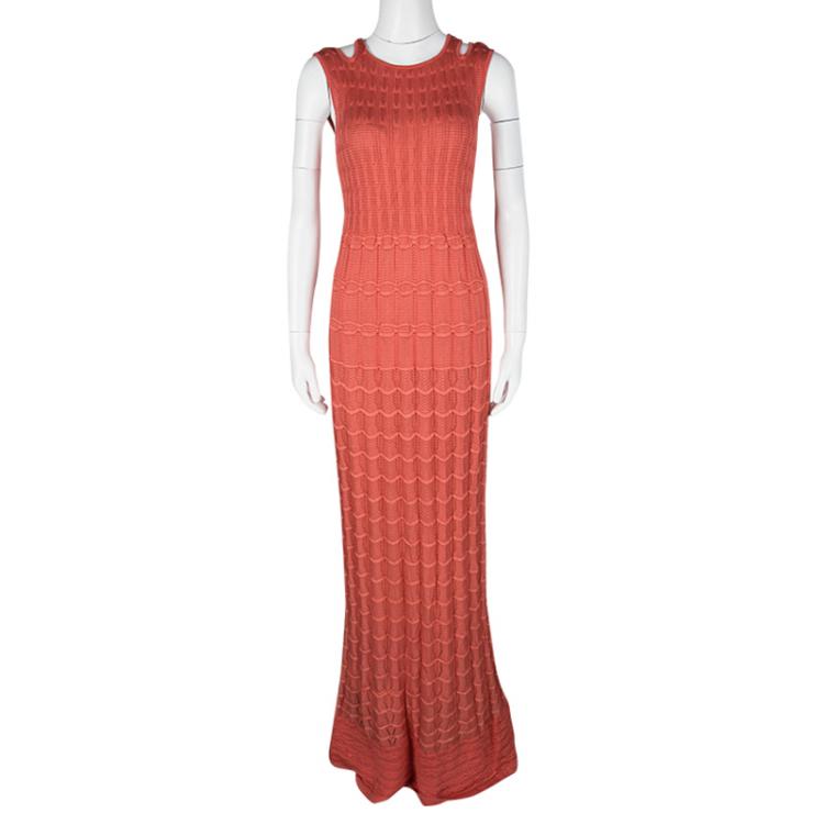 Pre Owned M Missoni Pink Perforated Knit Sleeveless Maxi Dress M