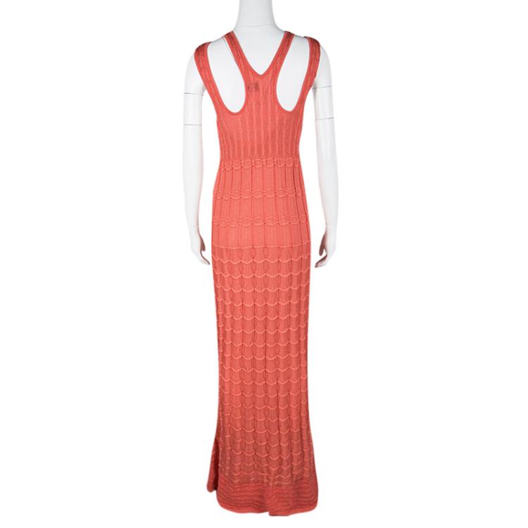 Pre Owned M Missoni Pink Perforated Knit Sleeveless Maxi Dress M