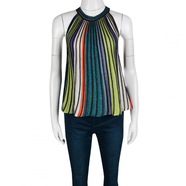 Pre Owned M Missoni Multicolor Striped Lurex Knit Detail Pleated Sleeveless Top S