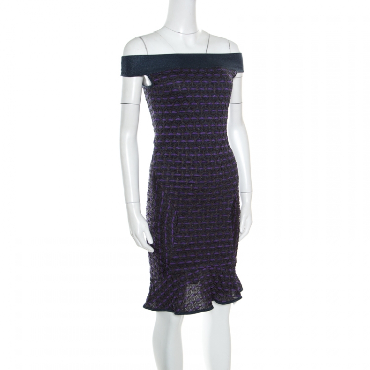 مملوكة مسبقًا M Missoni Multicolor Lurex Patterned Knit Off Shoulder Fit and Flare Dress S