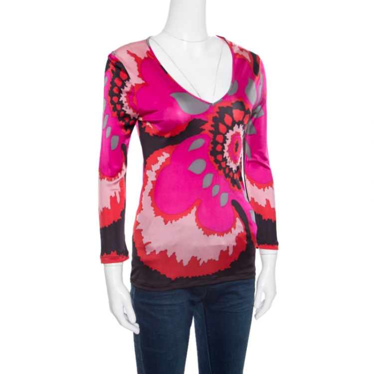 Pre Owned M Missoni Pink Graphic Floral Printed Knit Long Sleeve Top M