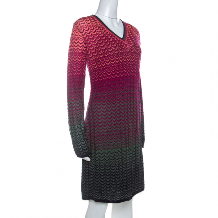 Pre Owned M Missoni Multicolor Ombre Pattern Knit V Neck Dress M 
