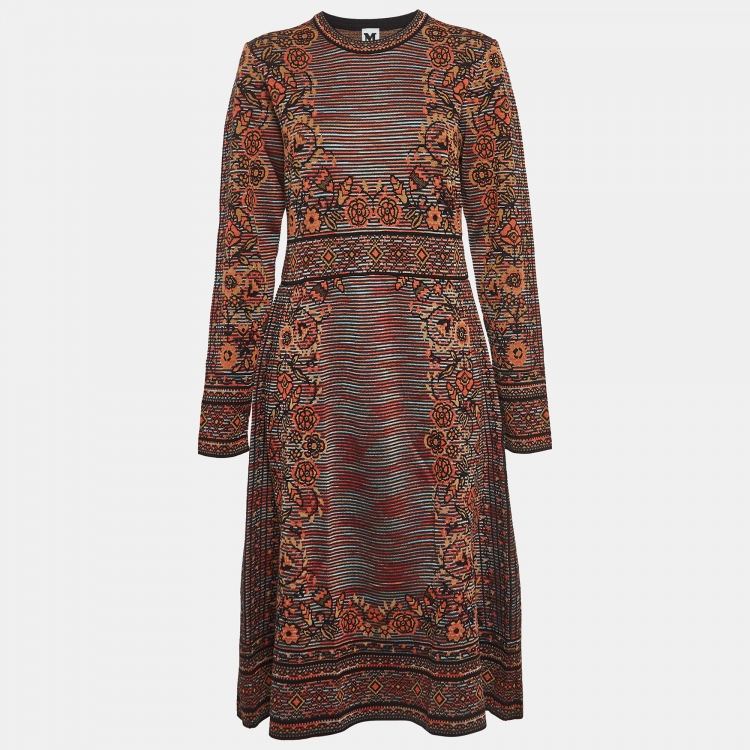 Pre Owned M Missoni Brown Floral Intarsia Knitted Long Sleeve Midi Dress L