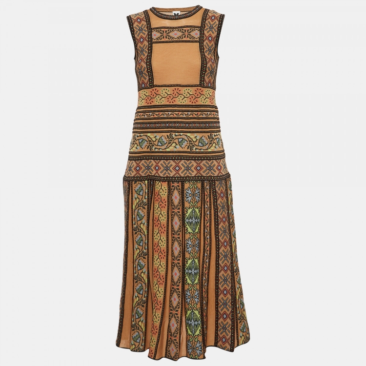 Pre Owned M Missoni Brown Patterned Wool Blend Knit Midi Dress S