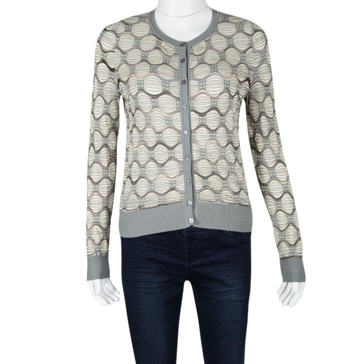 Pre Owned M Missoni Beige and Grey Knit Ribbed Trim Detail Cardigan S