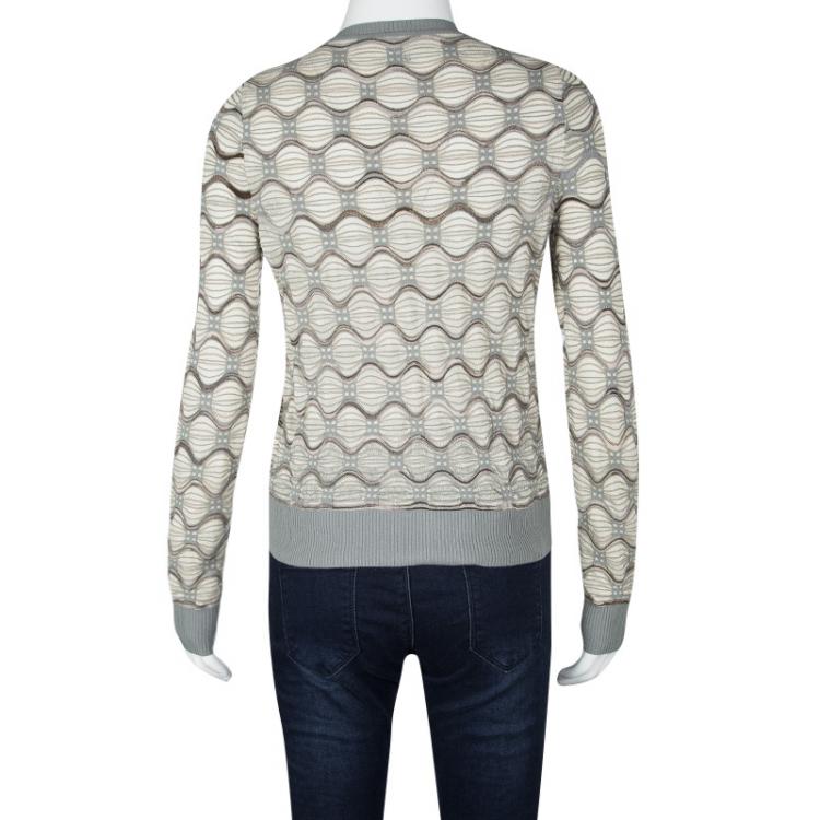 Pre Owned M Missoni Beige and Grey Knit Ribbed Trim Detail Cardigan S