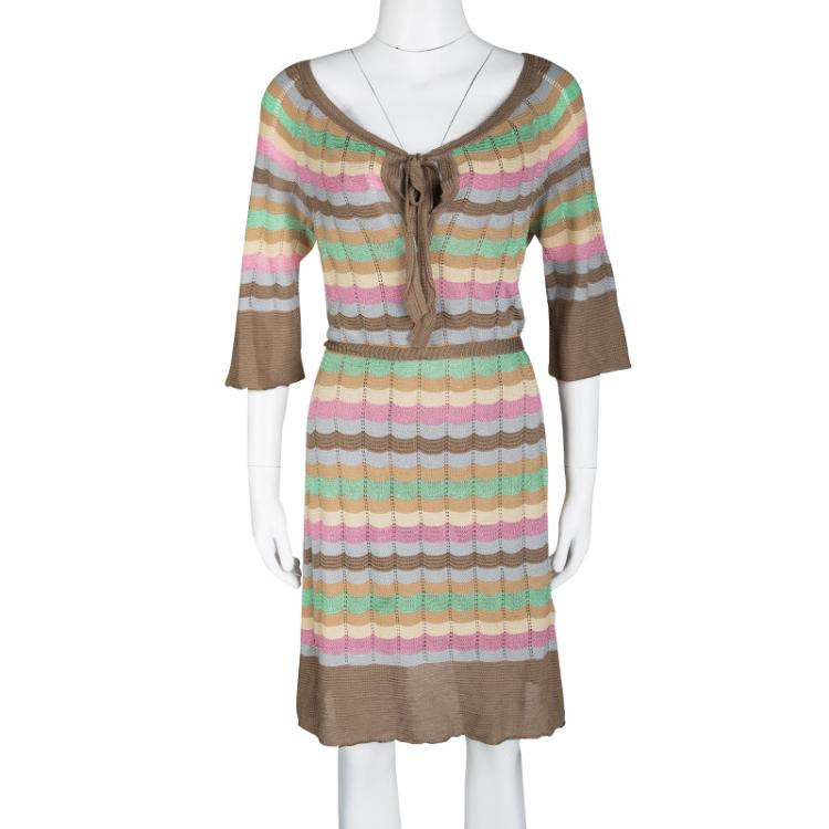 Pre Owned M Missoni Multicolor Perforated Striped Knit Neck Tie Detail Belted Dress L