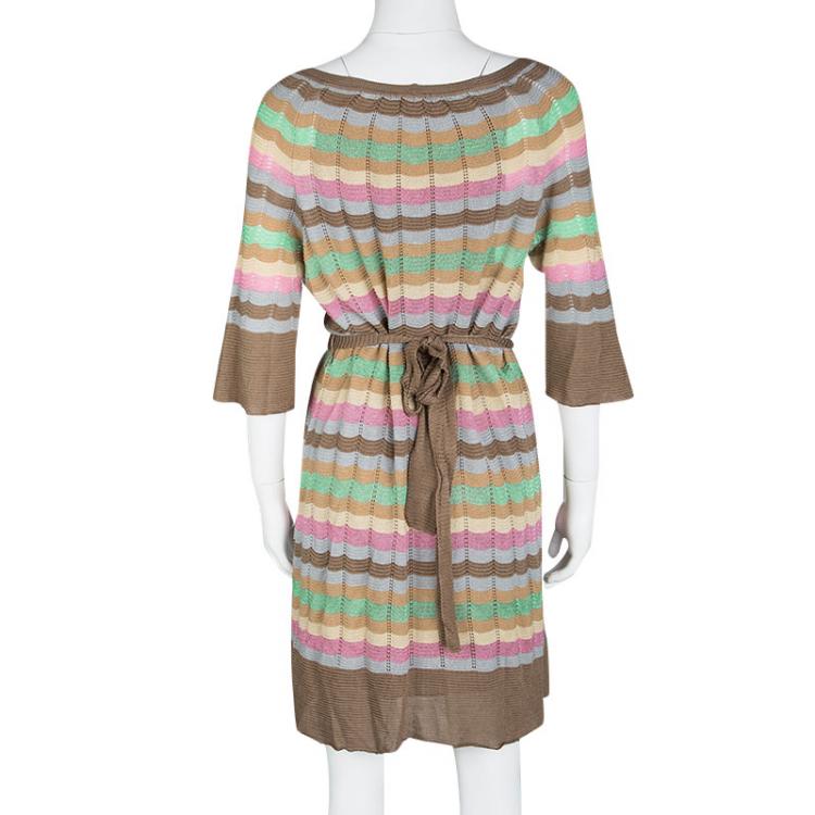 Pre Owned M Missoni Multicolor Perforated Striped Knit Neck Tie Detail Belted Dress L