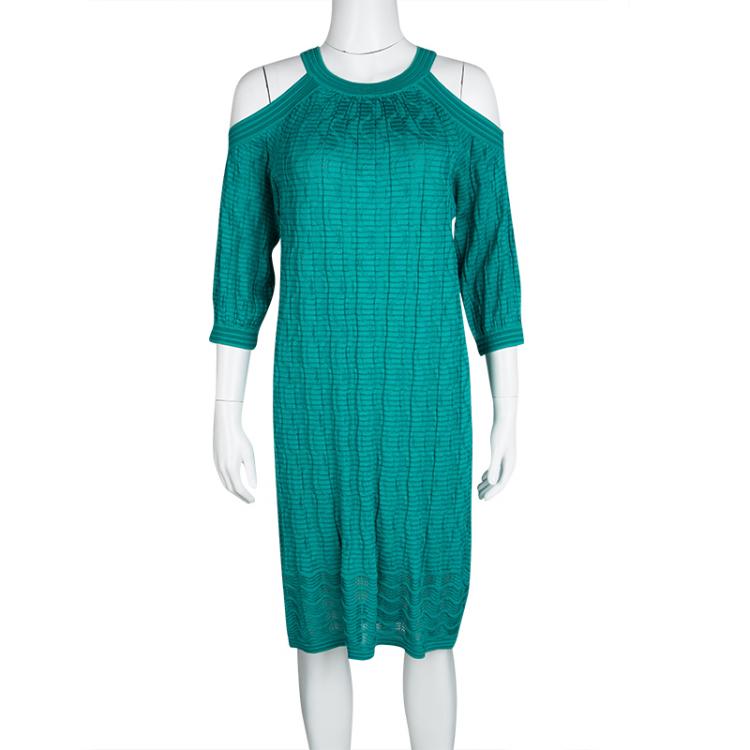Pre Owned M Missoni Blue Perforated Wave Pattern Knit Cold Shoulder Dress M