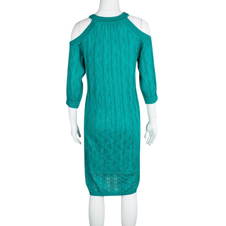 Pre Owned M Missoni Blue Perforated Wave Pattern Knit Cold Shoulder Dress M