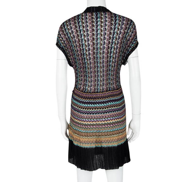 مملوكة مسبقًا M Missoni Multicolor Perforated Knit Contrast Rib Trim Dress L