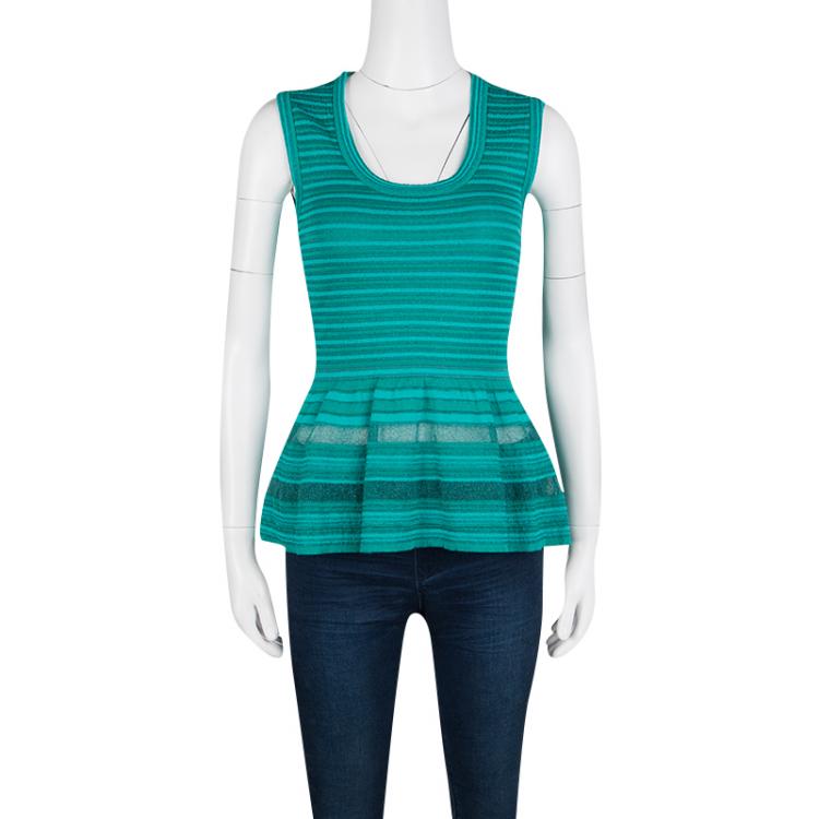Pre Owned M Missoni Teal Blue Striped Knit Mesh Insert Sleeveless Peplum Top S