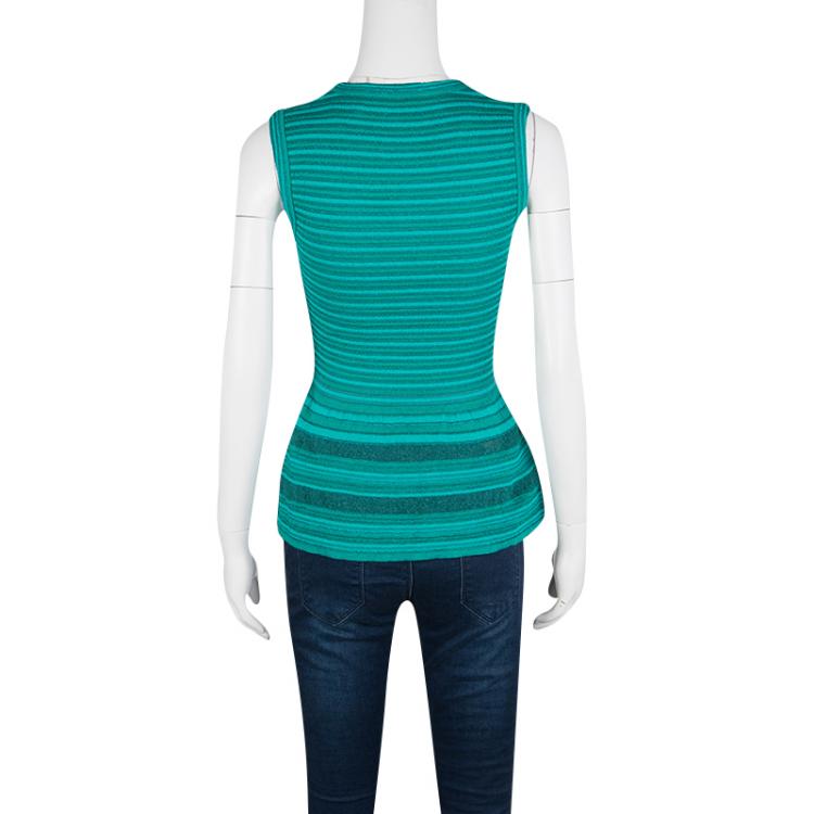 Pre Owned M Missoni Teal Blue Striped Knit Mesh Insert Sleeveless Peplum Top S