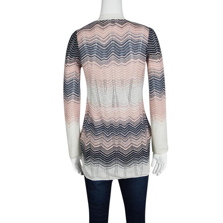 Pre Owned M Missoni Multicolor Perforated Wave Pattern Knit Open Front Cardigan S