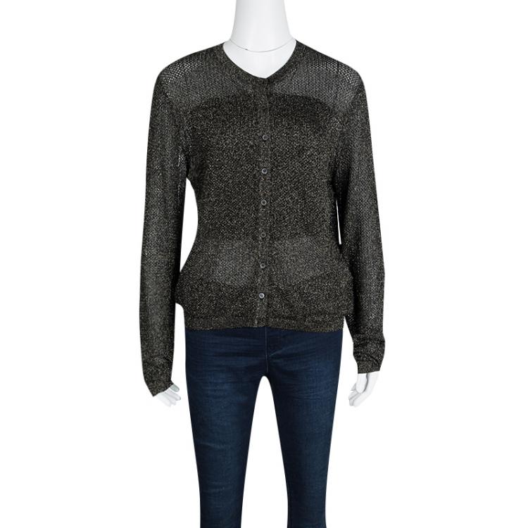 Pre Owned M Missoni Metallic Black Perforated Lurex Knit Button Front Cardigan L
