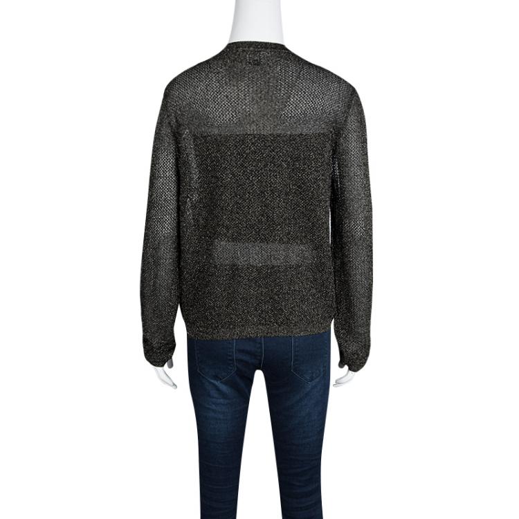 Pre Owned M Missoni Metallic Black Perforated Lurex Knit Button Front Cardigan L