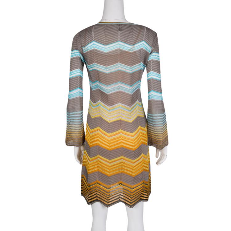 مملوكة مسبقًا M Missoni Multicolor Perforated Knit Long Sleeve Dress S