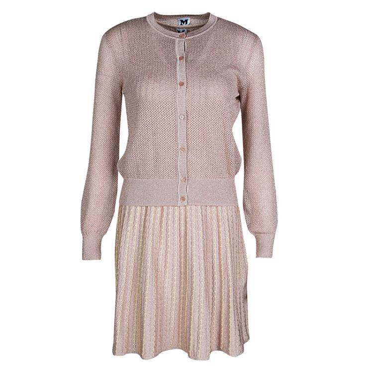 Pre Owned M Missoni Blush Pink Lurex Knit Patterned Dress and Perforated Cardigan Set M