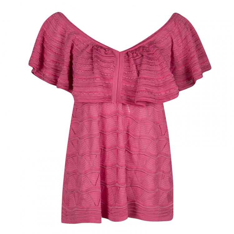 Pre Owned M Missoni Pink Perforated Knit Ruffle Detail Off Shoulder Top M