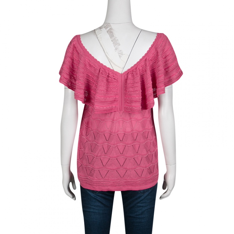 Pre Owned M Missoni Pink Perforated Knit Ruffle Detail Off Shoulder Top M